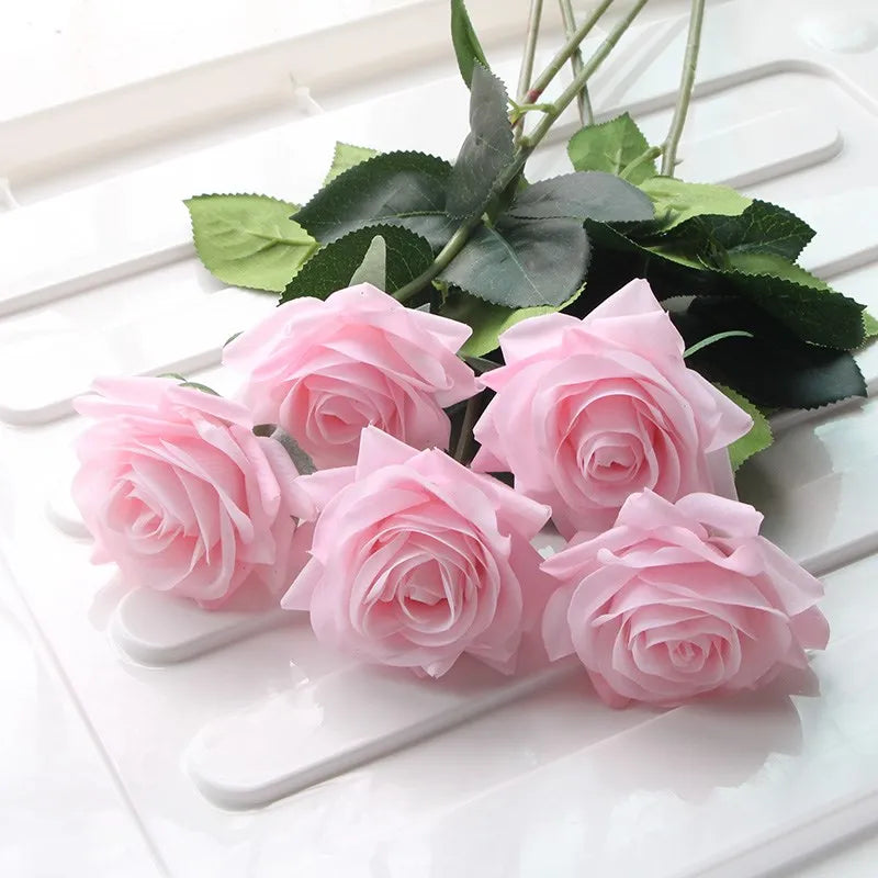 7pcs Pink Rose Artificial Flowers Real Touch Silk Flowers For Home Wedding Table Bouquet Party Decoration