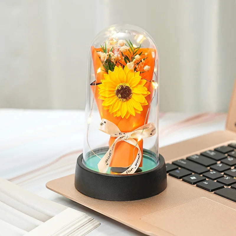 Everlasting Rose LED Glass Dome Bouquet Romantic Illuminated Ornament Perfect Valentine's Day Christmas Home Decor Romantic Gift