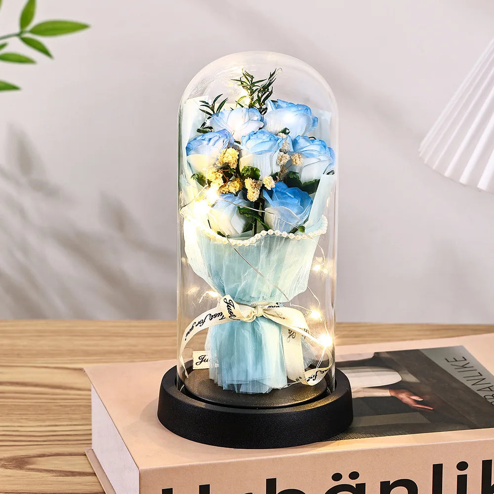 Eternal Rose LED Light glass Cover Flower Valentines Day Gift Wedding Party Decor Artificial Rose Flowers Light Christmas Gift