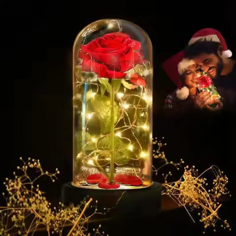 LED Eternal Red Rose in Glass Dome, Realistic Artificial Flower with Soft Light - Timeless Valentine's Day Gift