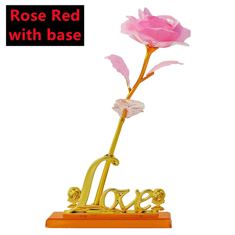 Rosa Bañada en Oro 24K — Rosa Dorada Eterna, Set con Base, 12 Colores, San Valentín
