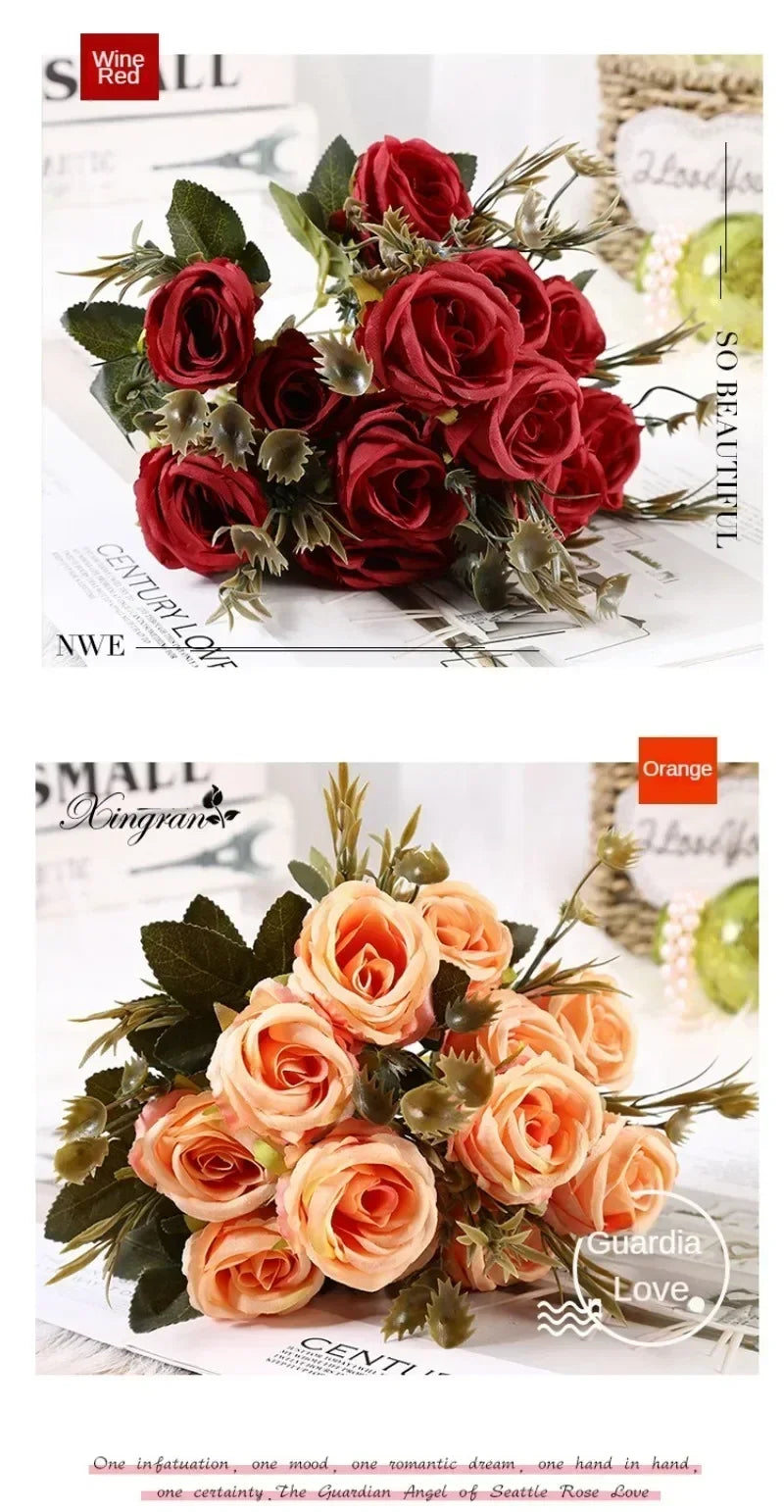 Retro Artificial Roses Bouquet Elegance Bridal Wedding Realistic Roses Flowers Floral Arrangement Ornaments Home Decoration