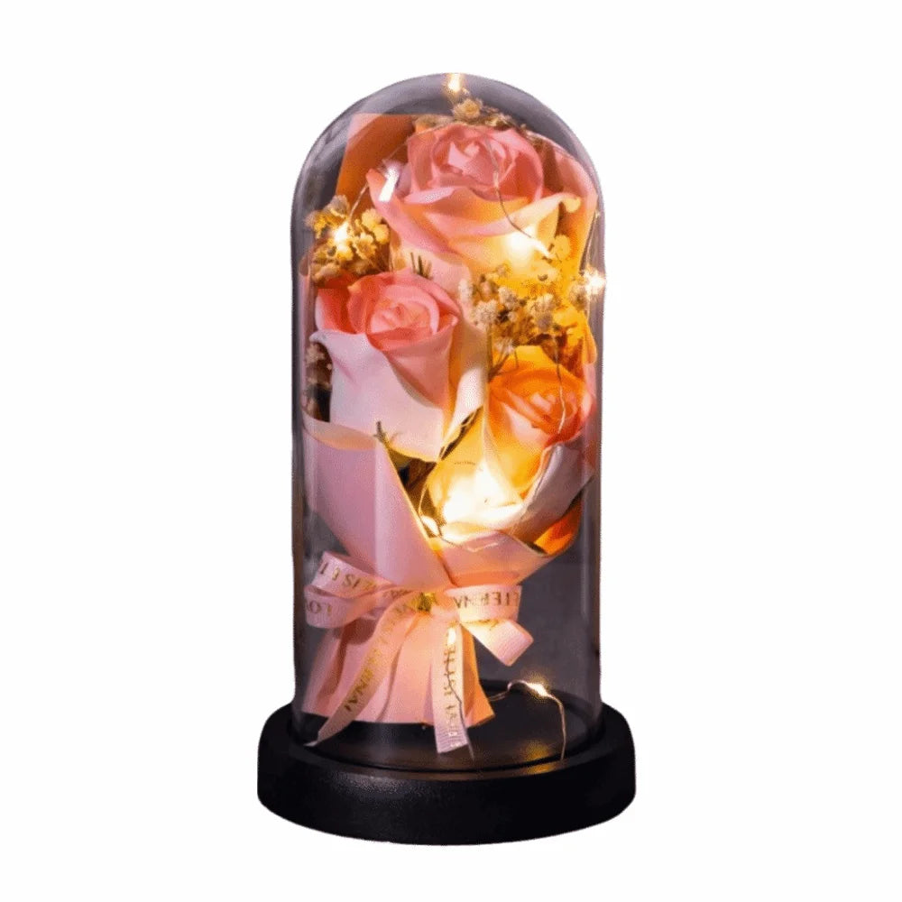 Romantic Eternal Rose Light 3 Heads Soap Flower Transparent Dome Artificial Rose Light Luminous Realistic LED Eternal Flower