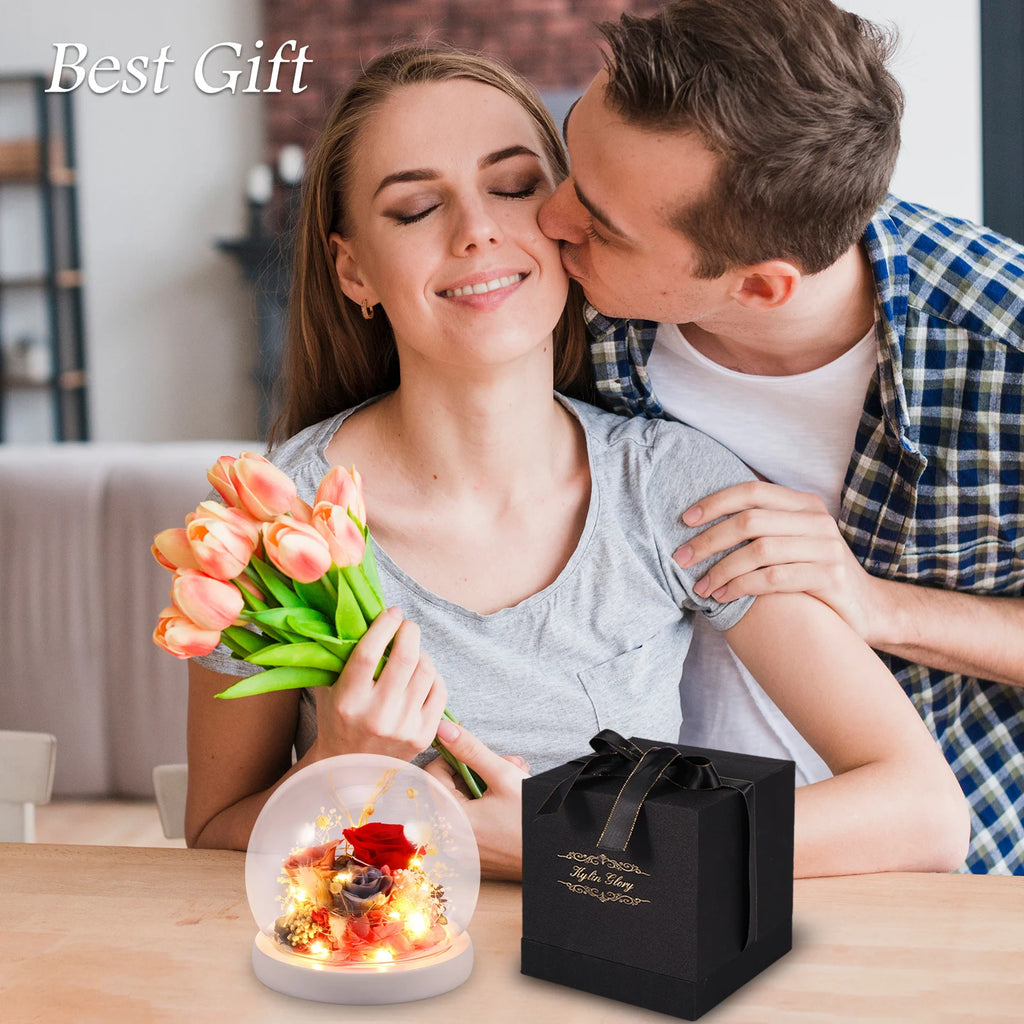 Artificial Flower Tulip Eternal Rose Flower Wedding Decor Handmade DIY LED Night Lamp Foil Glass Dome Preserved Flower Xmas Gift