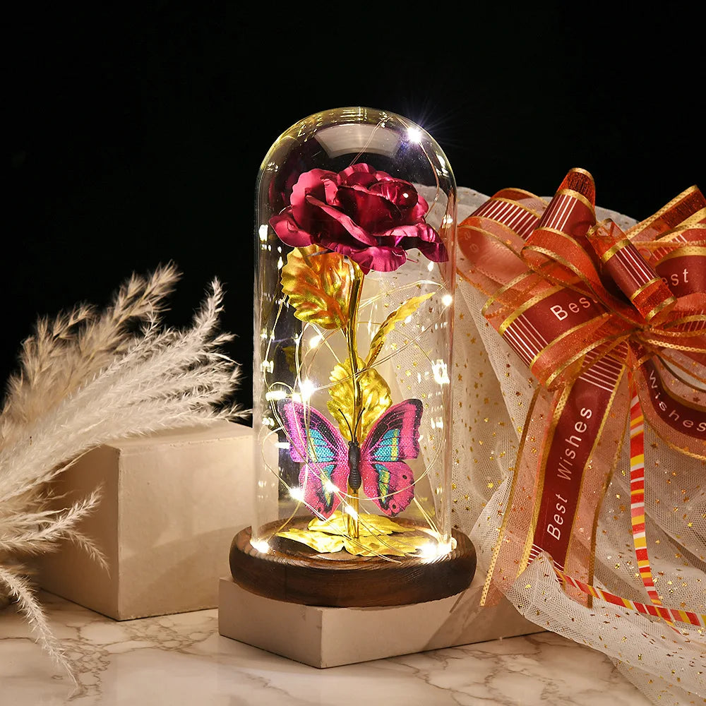 Rosa en Cúpula de Cristal con LED — Estilo La Bella y la Bestia, 16 Estilos, Regalo