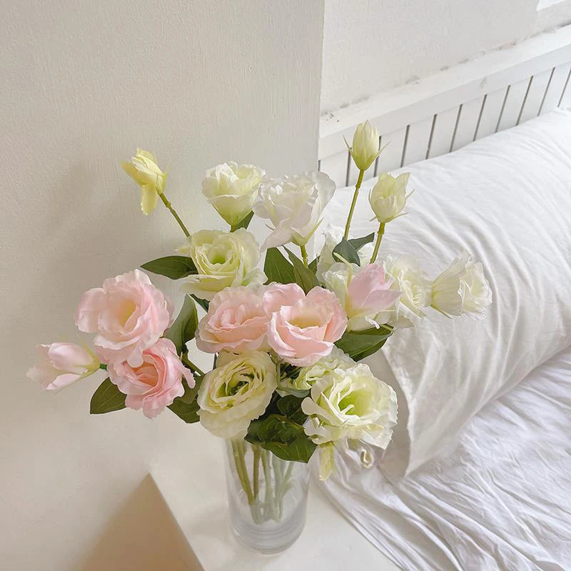 Large Artificial Eustoma Grandiflorum Roses Silk Simulation Flowers Home Wedding Garden Home Party Decoration Flores With Leaves