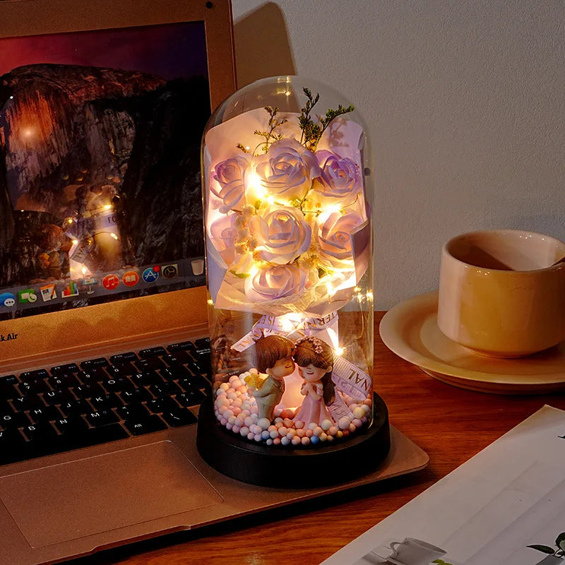 Wedding Birthday Valentine Day Gift Eternal Rose Flower Colorful Luminous Ornament for Women Mom Girlfriend Wife Home Decoration