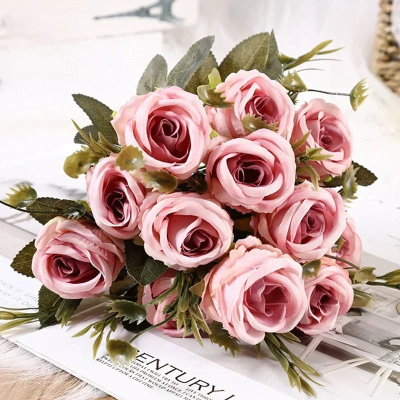 Retro Artificial Roses Bouquet Elegance Bridal Wedding Realistic Roses Flowers Floral Arrangement Ornaments Home Decoration