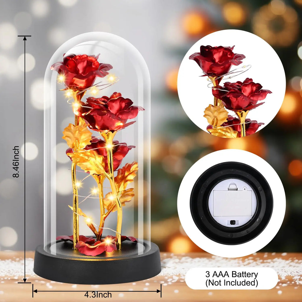 Rosa de Cristal con Luz en Cúpula de Vidrio — Regalo Navidad, Aniversario y San Valentín