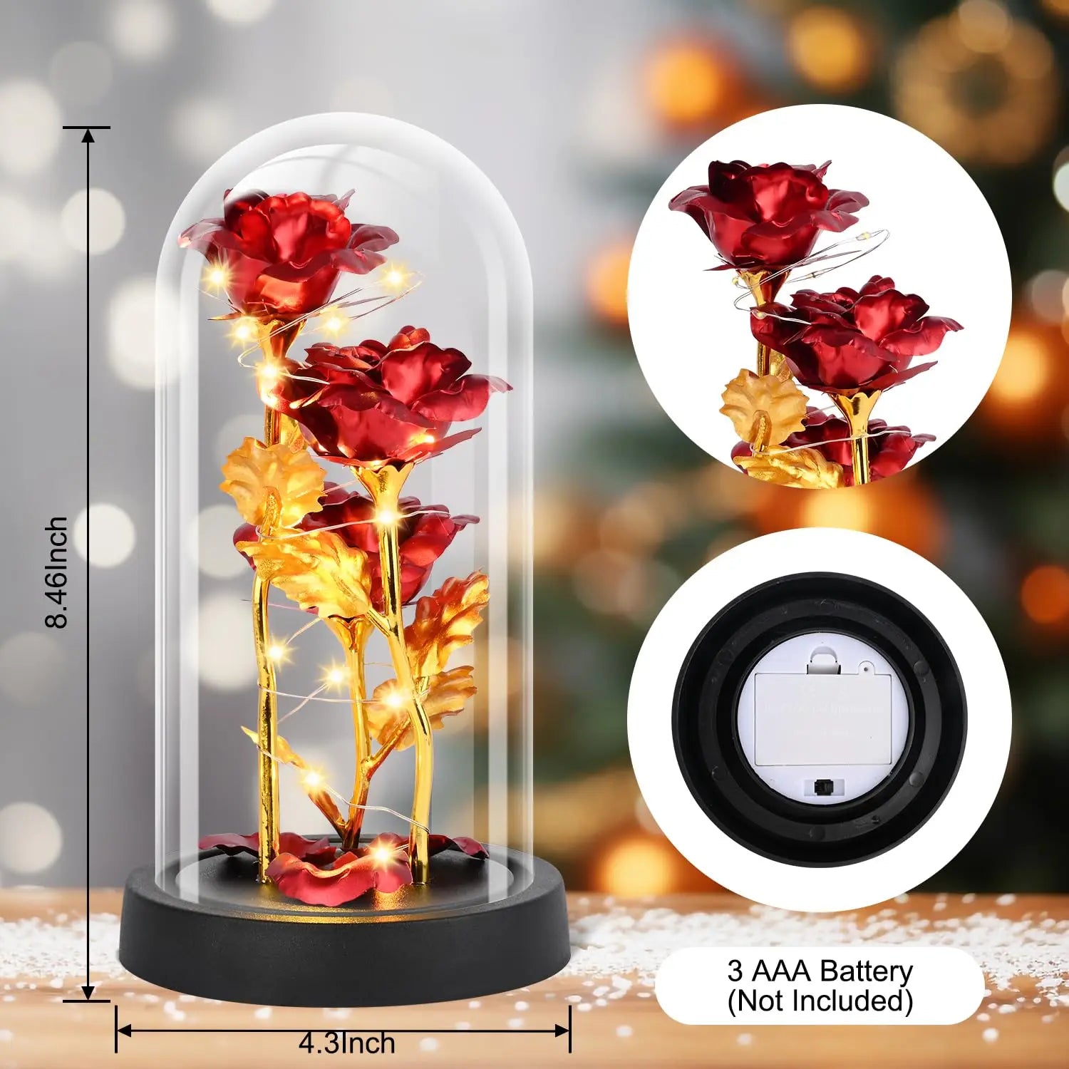 Rosa de Cristal con Luz en Cúpula de Vidrio — Regalo Navidad, Aniversario y San Valentín