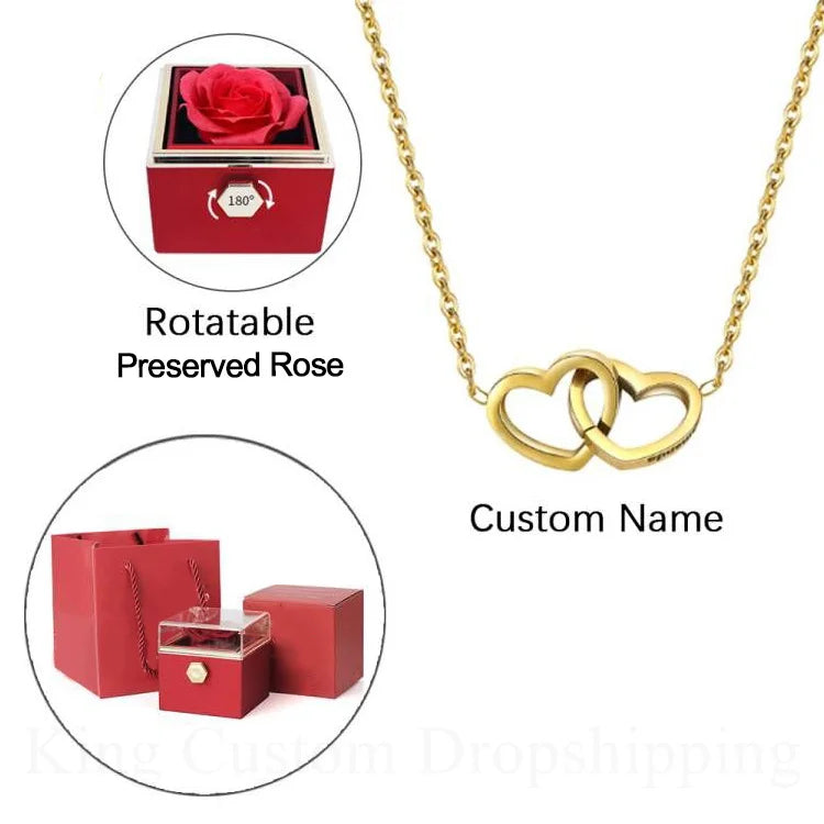 2025 New Eternal Real Rose Rotating box Double Heart Custom Engraved Name Steel Necklace for Valentines Birthday Jewelry Gift
