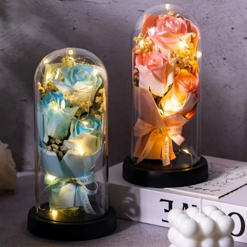Romantic Eternal Rose Light 3 Heads Soap Flower Transparent Dome Artificial Rose Light Luminous Realistic LED Eternal Flower