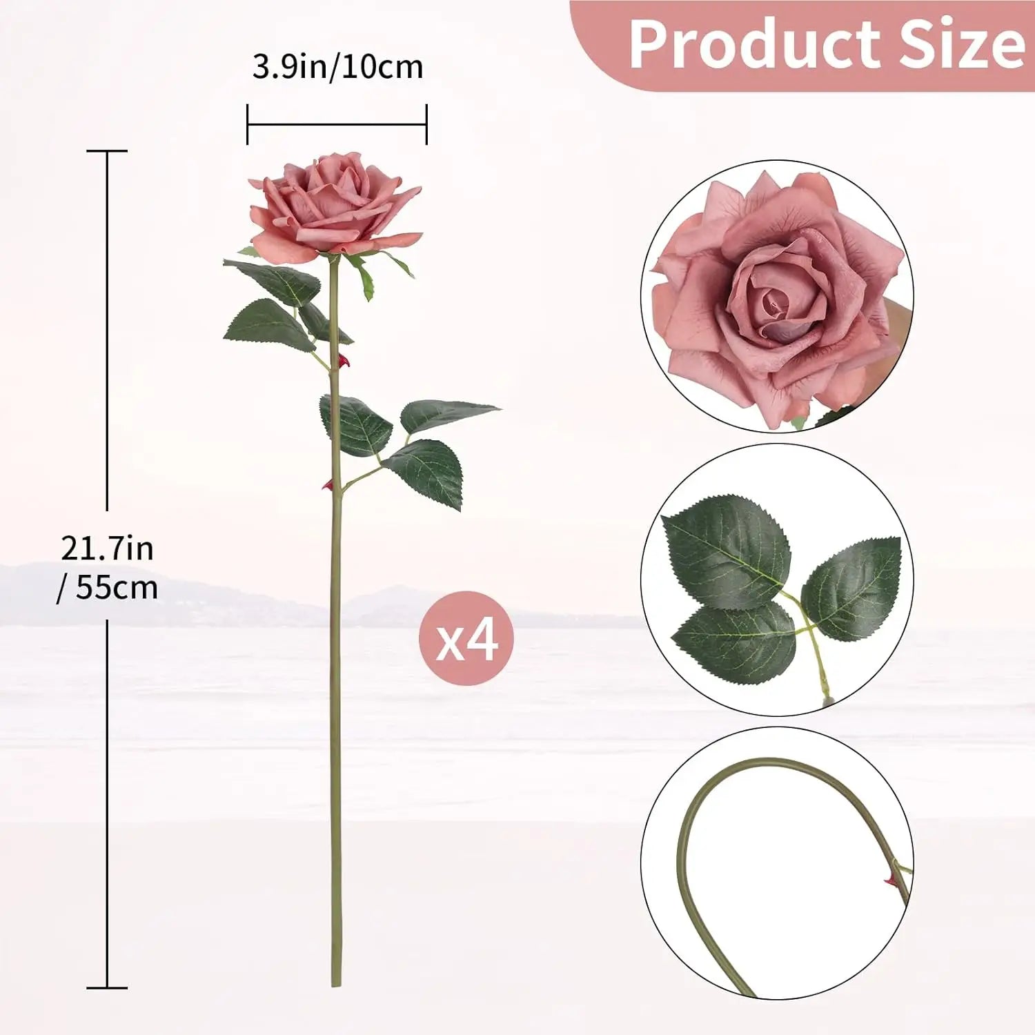 Rosa Turca Real Touch — Ramo de 4 Tallos, 9 Colores, Bodas y Hogar