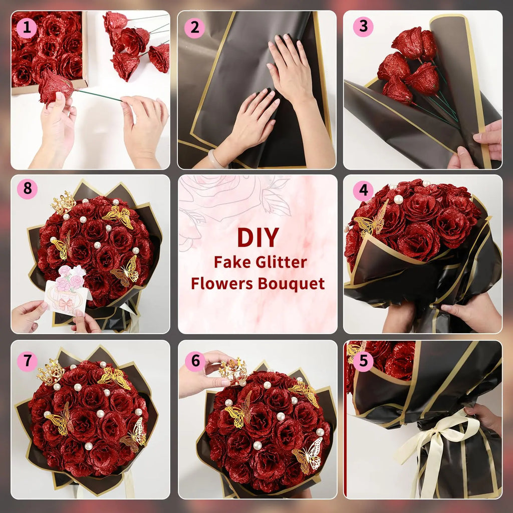 Ramo de Rosas Brillantes con Purpurina — Set 12 o 24 Rosas, San Valentín y Aniversario