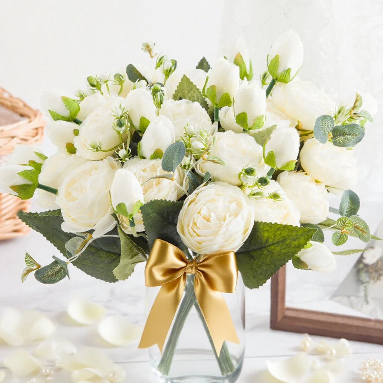 Ramo de Peonía y Rosa de Seda — 12 Colores, Hogar, Boda y Decoración Festiva
