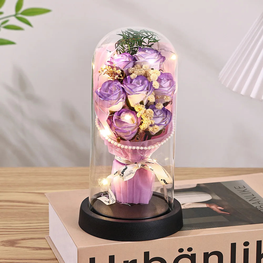 Eternal Rose LED Light glass Cover Flower Valentines Day Gift Wedding Party Decor Artificial Rose Flowers Light Christmas Gift