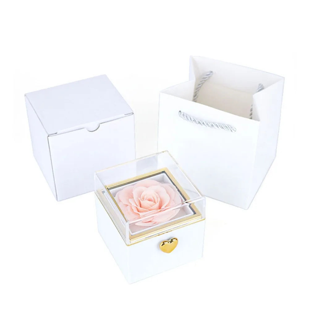Caja Joyero Giratoria con Rosa Eterna — Exhibidor de Anillos, 3 Colores, Propuesta y Boda