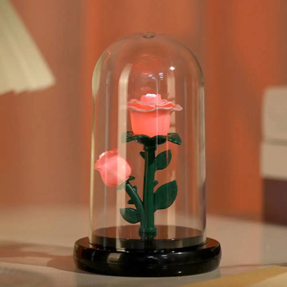 Romantic Eternal Rose Lamp with Lampshade Luminous LED Flower Light Pink Simple Rose Flower Night Light Wedding Decor