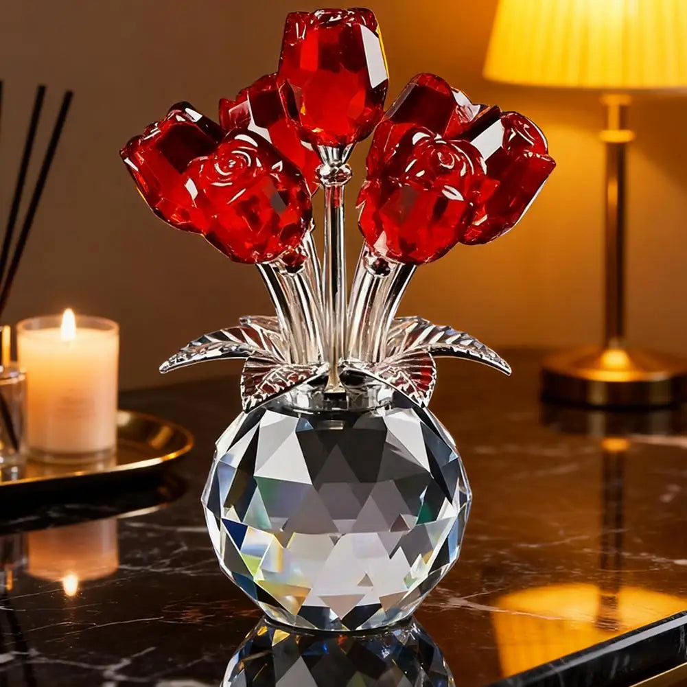 Crystal Gemstone Rose Flower Colourful Rose Bouquet Eternal Ornament Gift Figurine Red Decorative Rose Rose