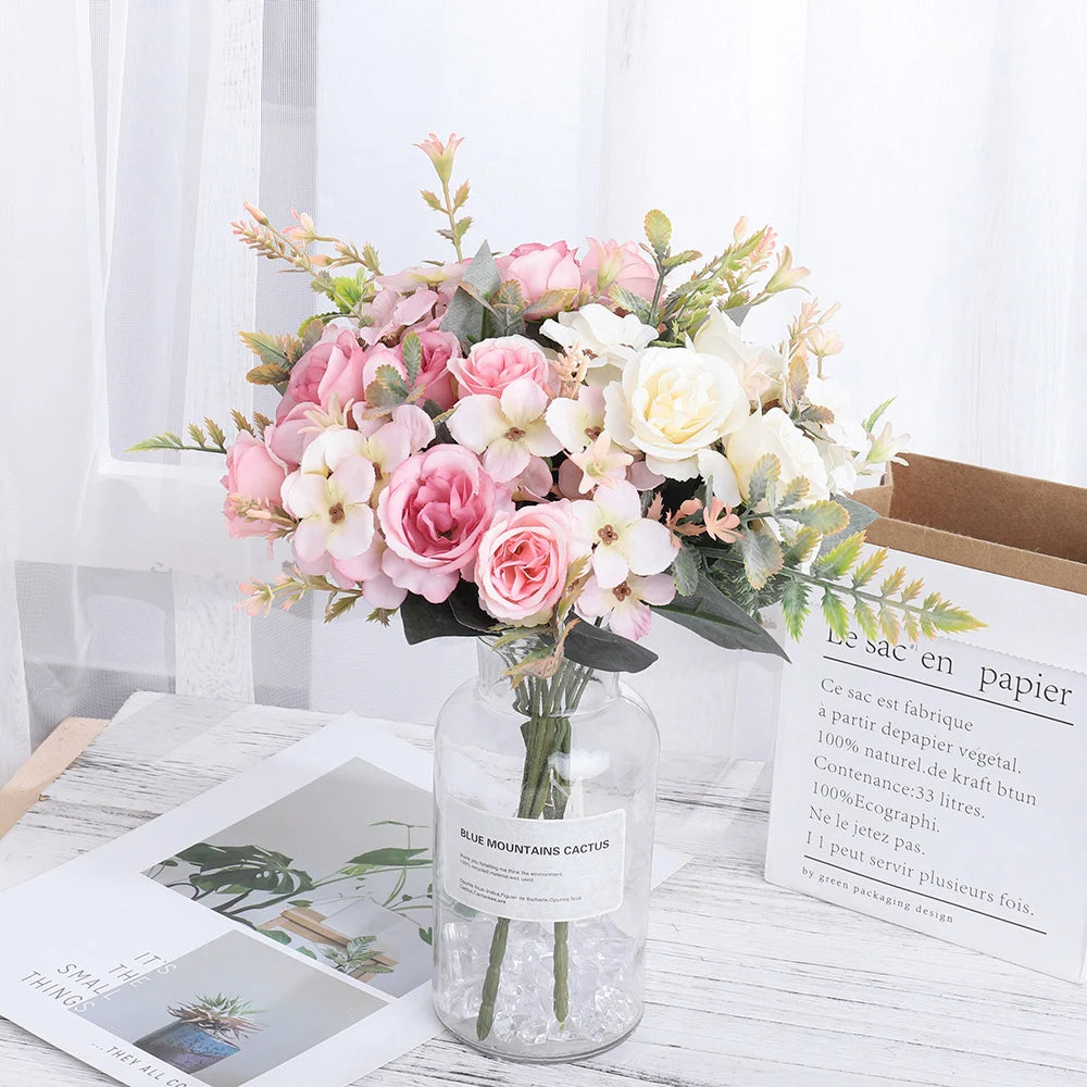 Ramo de Rosas e Hortensias de Seda — 12 Colores, Novia, Fiesta y Mesa