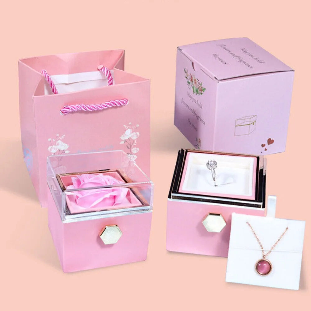 Eternal Rose Rotating Jewelry Box Soap Flower With Gift Bag Ring Box Transparent Lid Acrylic Storage Case Wedding Party