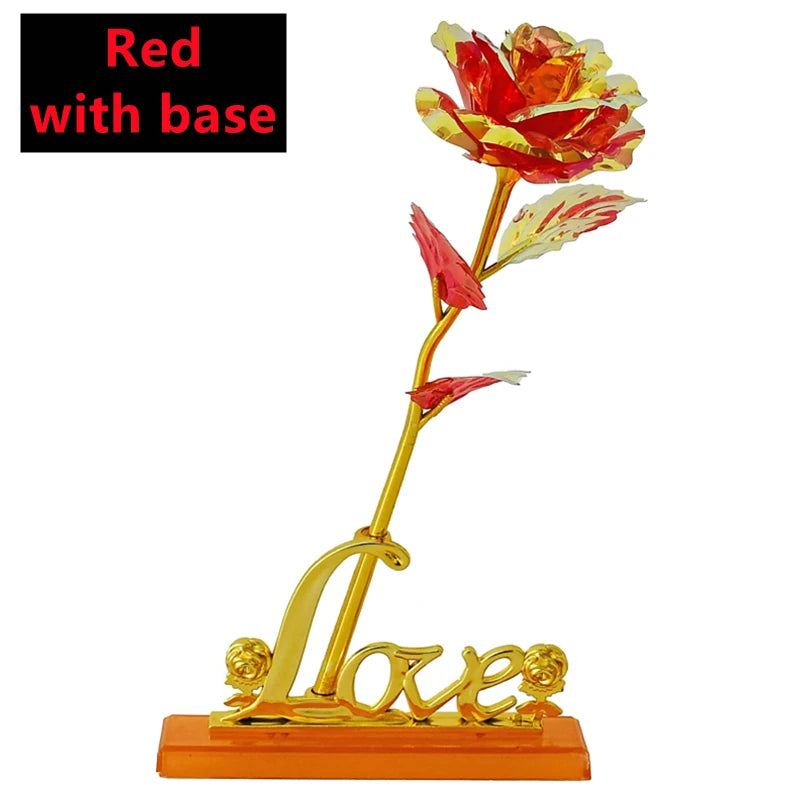 Rosa Bañada en Oro 24K — Rosa Dorada Eterna, Set con Base, 12 Colores, San Valentín
