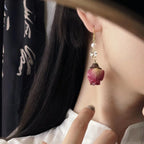 Eternal Flower Rose True Flower Dried Flower Earrings For Women With A Niche Design And Retro Zircon Handmade Earrings