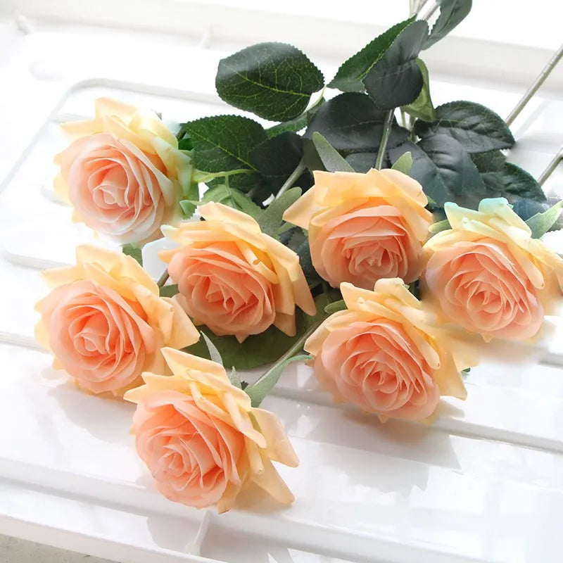 7pcs Pink Rose Artificial Flowers Real Touch Silk Flowers For Home Wedding Table Bouquet Party Decoration