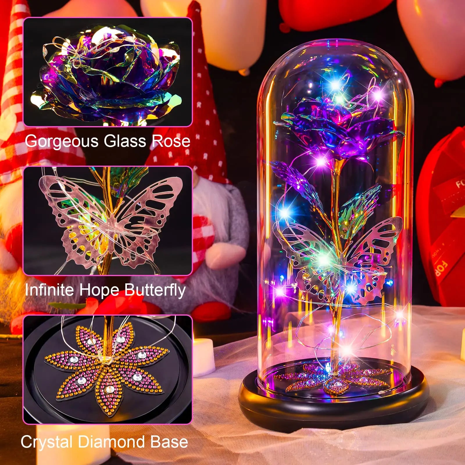 Rosa Galaxy de Cristal en Cúpula de Vidrio con LED — Regalo Cumpleaños, Mamá, Abuela y Esposa