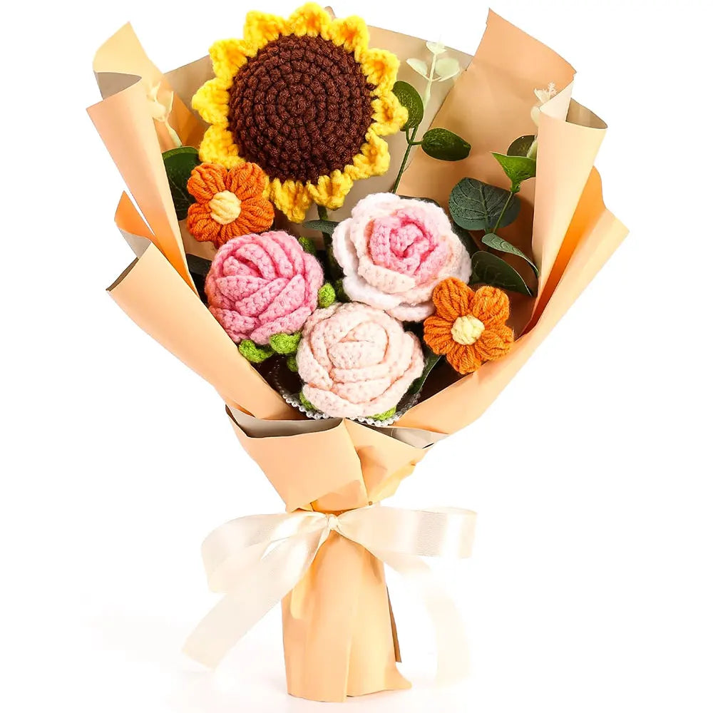Hand Woven Roses Tulip Simulation Flower Preparation Handmade Flower Diy Wool Knitting Homemade Crochet Bouquet Finished Product