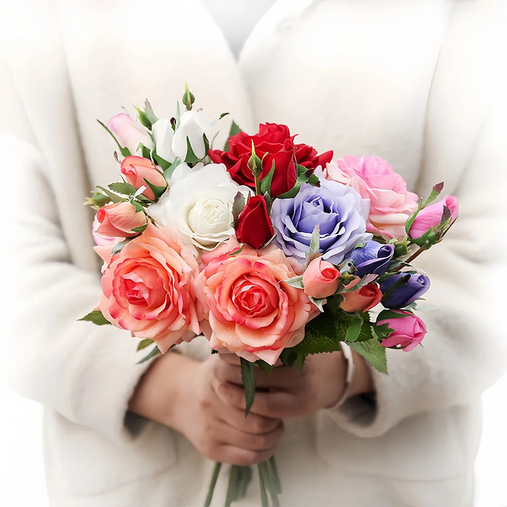 Real Touch Romantic Rose Artificial Flowers (1 Flower + 2 Buds) Moisturizing Texture for Home Decor Wedding Bridal Bouquet