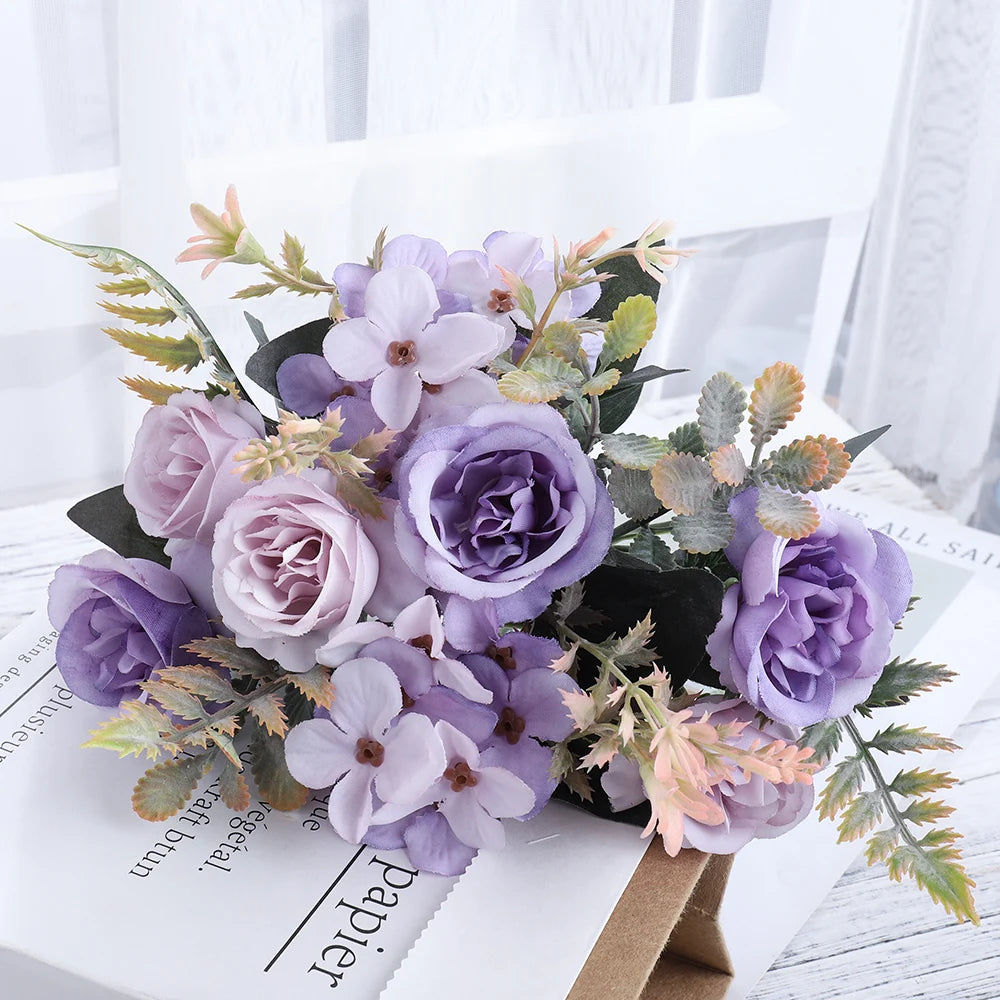Ramo de Rosas e Hortensias de Seda — 12 Colores, Novia, Fiesta y Mesa