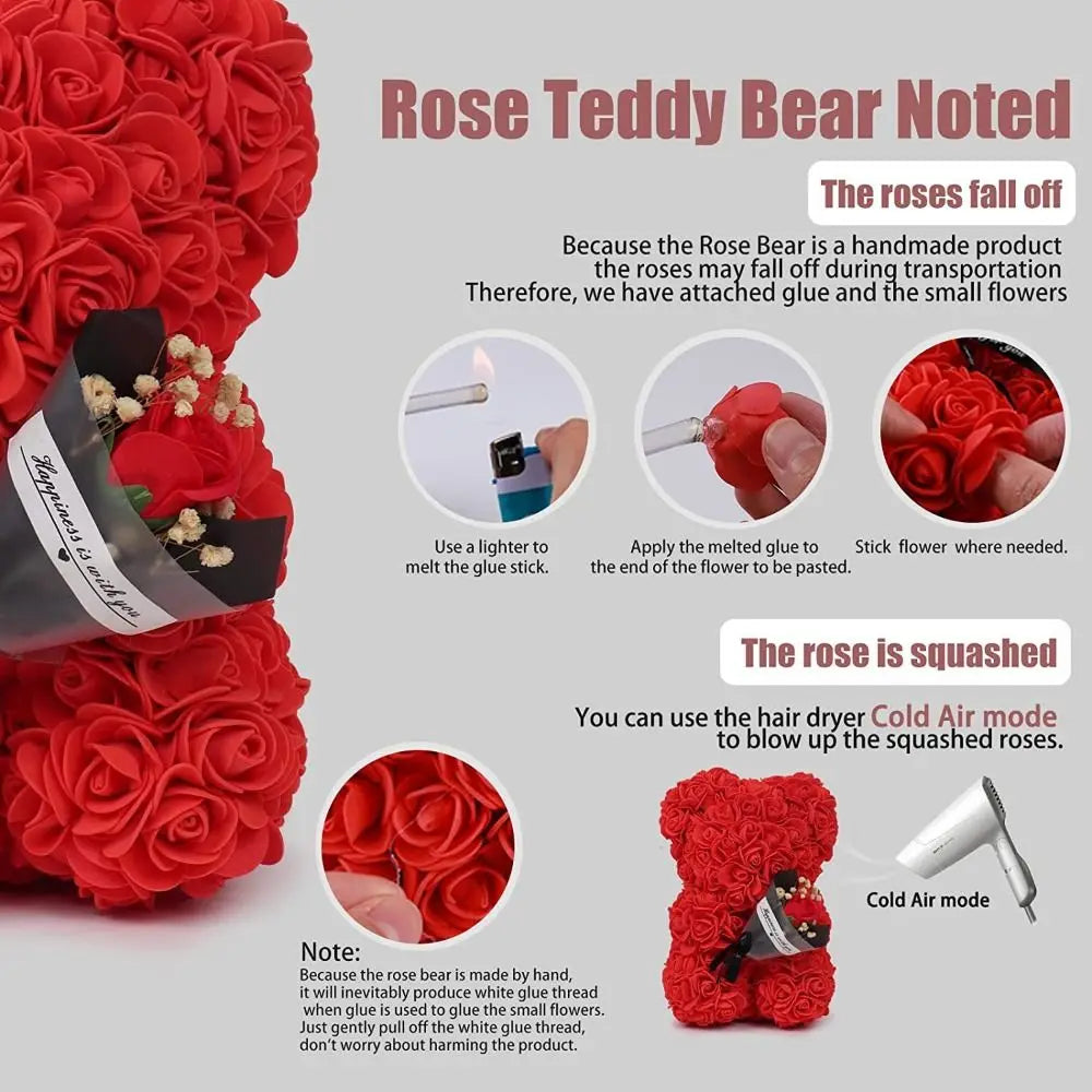 24cm Size Eternal Rose Bear Long Lasting Foam Flowers Rose Bear Artificial Rose Creative Design Artificial Flower Gift