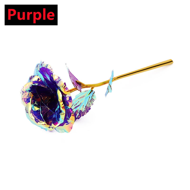 Rosa Bañada en Oro 24K — Rosa Dorada Eterna, Set con Base, 12 Colores, San Valentín