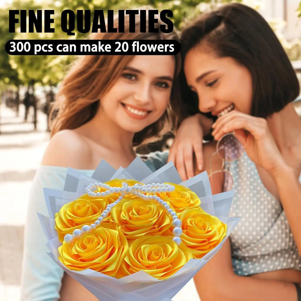 Yannew 300pcs Premade Handcrafted Silk Rose Petals for DIY Eternal Rose Flowers Bouquets with Stem Leaf Birthday Gifts for Women