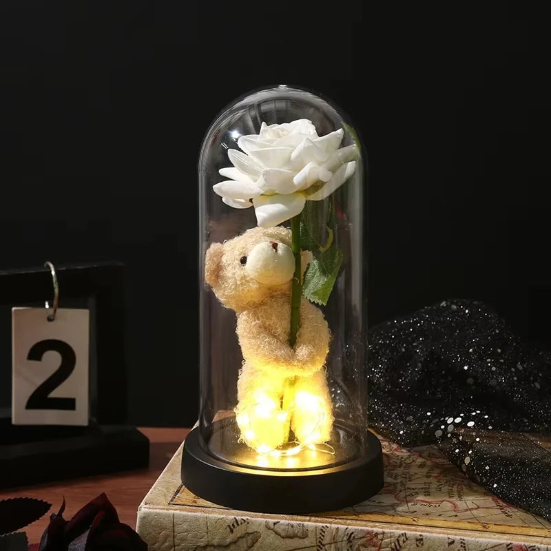 Eternal Rose in Glass Dome Artificial Flower with Bear Desk Accessories Christmas Valentine's Day Gifts Party Favors