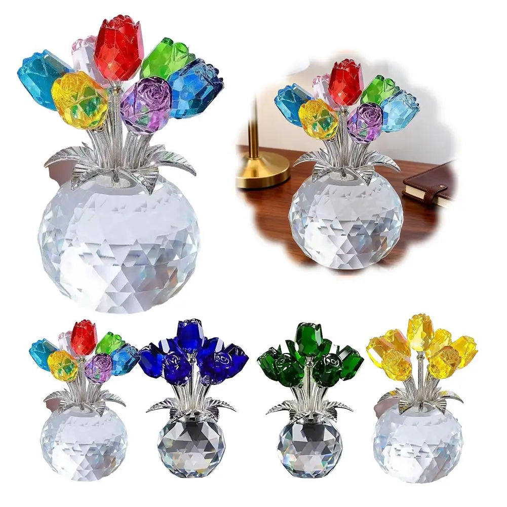 Crystal Gemstone Rose Flower Colourful Rose Bouquet Eternal Ornament Gift Figurine Red Decorative Rose Rose