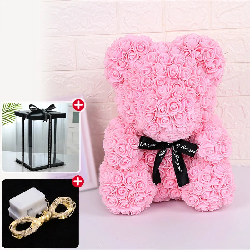 Oso de Rosas con Caja y Luz LED — Regalo Romántico, 7 Colores, San Valentín