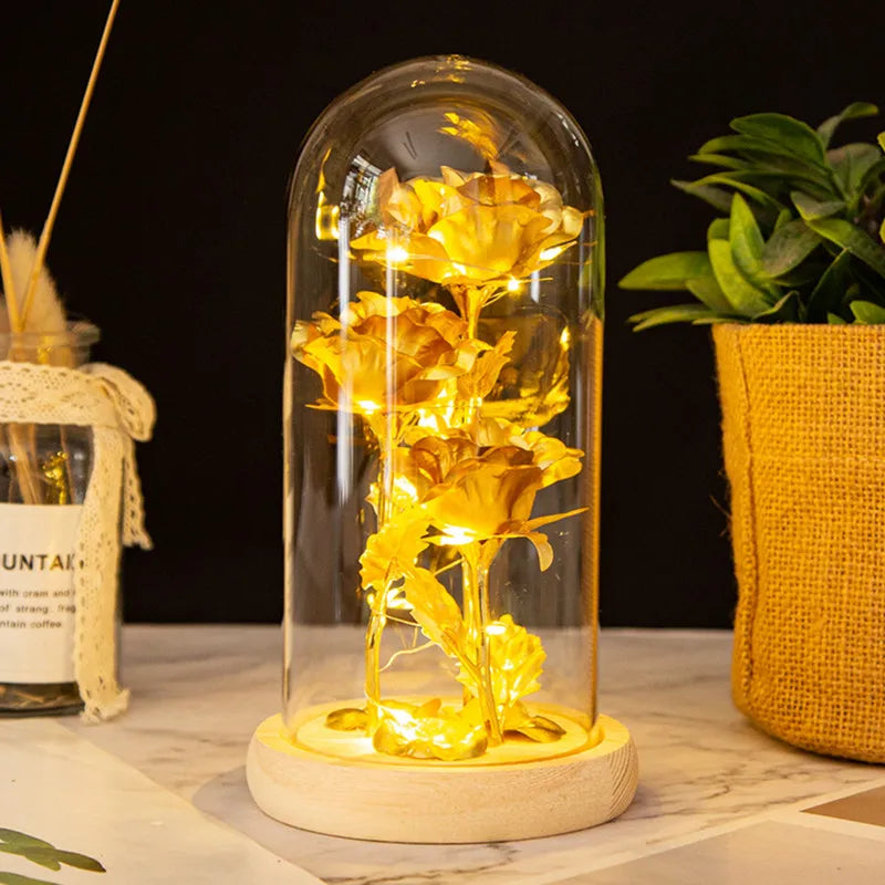 Rosa de Cristal con Luz en Cúpula de Vidrio — Regalo Navidad, Aniversario y San Valentín