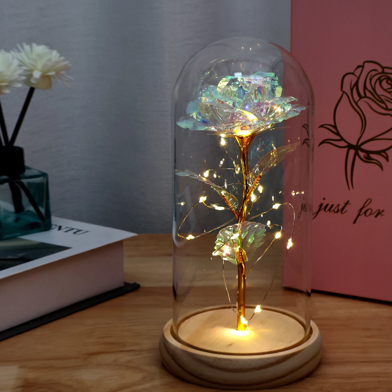 Artificial Flower Tulip Eternal Rose Flower Wedding Decor Handmade DIY LED Night Lamp Foil Glass Dome Preserved Flower Xmas Gift