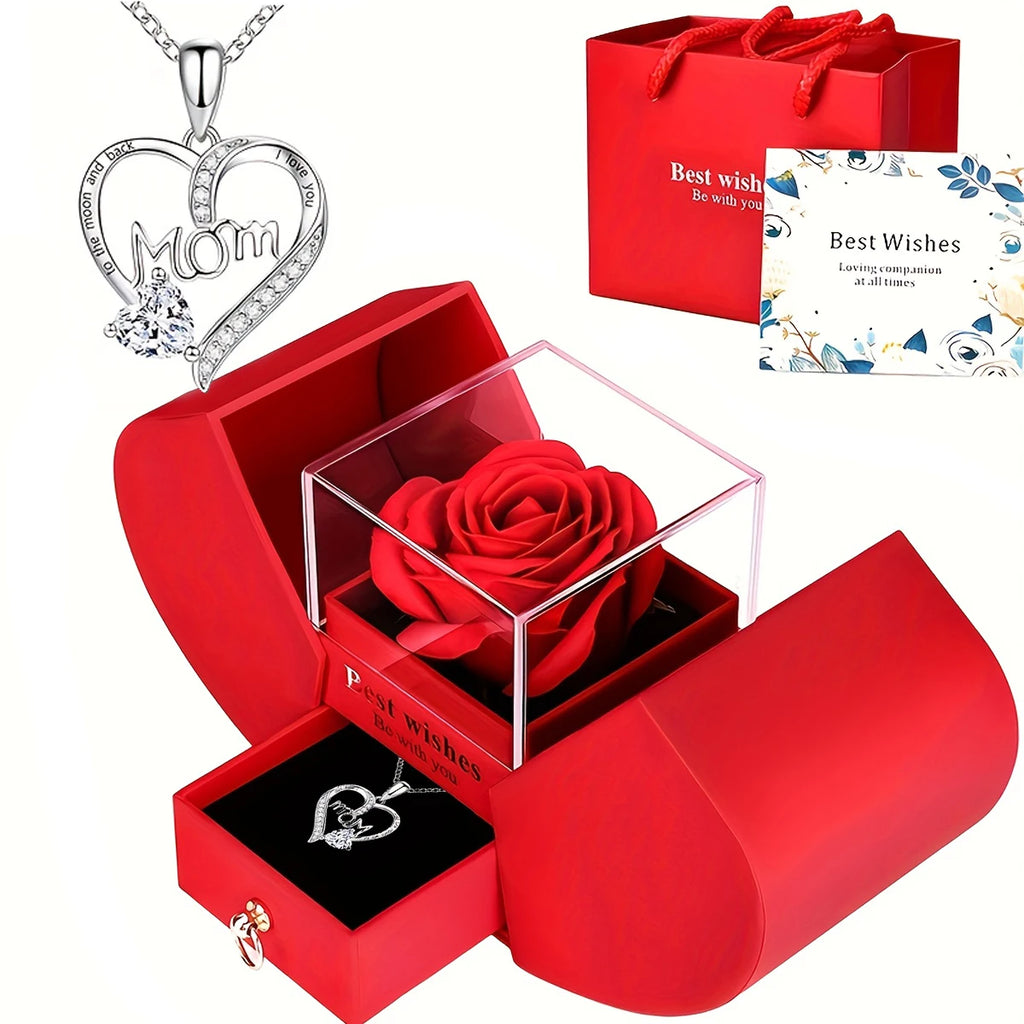 Eternal Rose Double Door Jewelry Box with Heart Shaped Necklace - Perfect Gift for Anniversary, Wedding, Birthday, Jewelry Gift