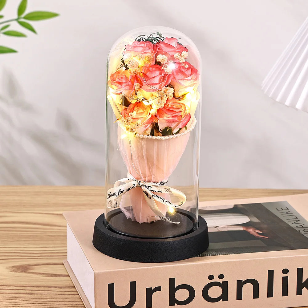 Eternal Rose LED Light glass Cover Flower Valentines Day Gift Wedding Party Decor Artificial Rose Flowers Light Christmas Gift