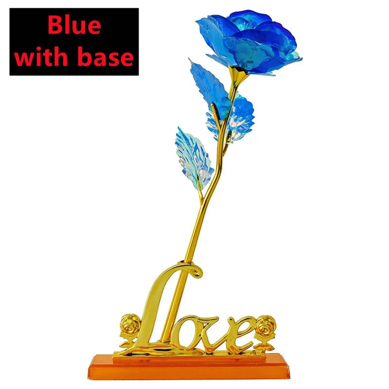 Rosa Bañada en Oro 24K — Rosa Dorada Eterna, Set con Base, 12 Colores, San Valentín