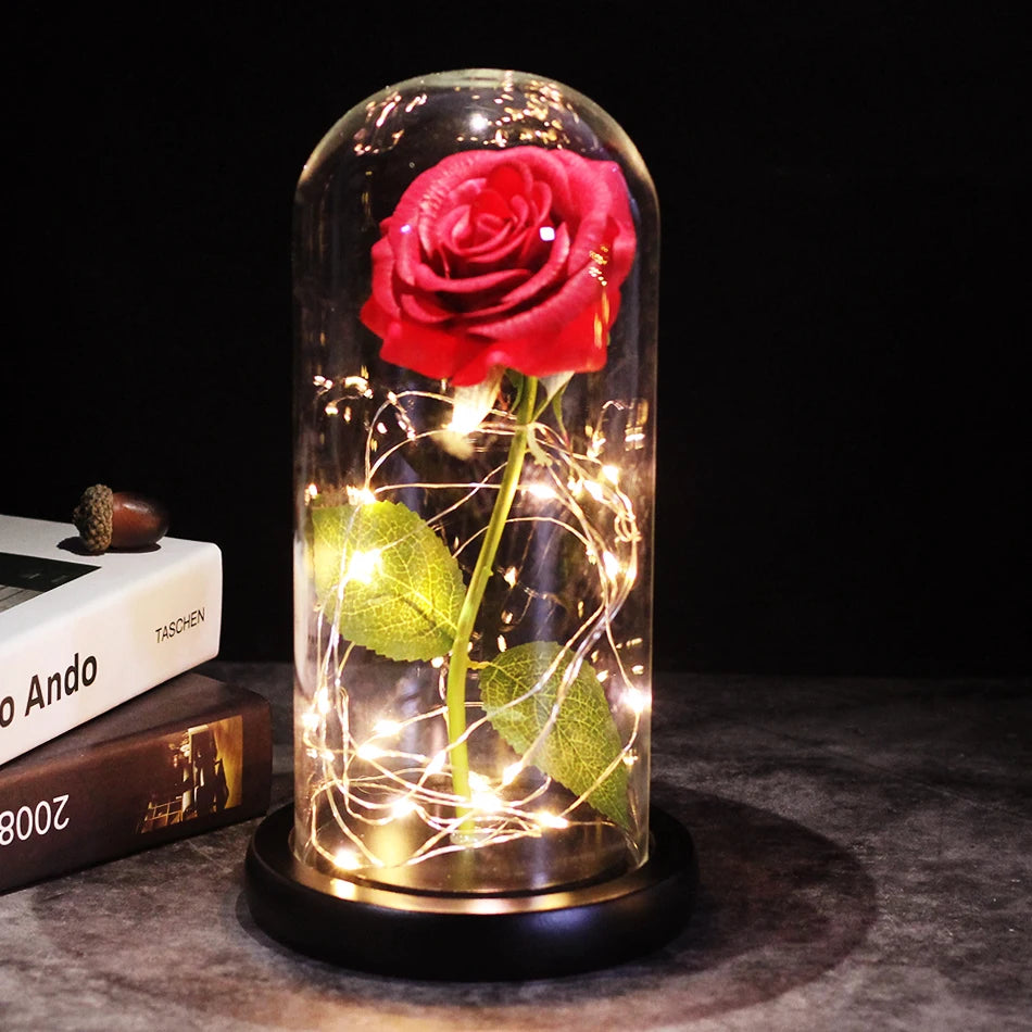 Rosa en Cúpula de Cristal con LED — Estilo La Bella y la Bestia, 16 Estilos, Regalo