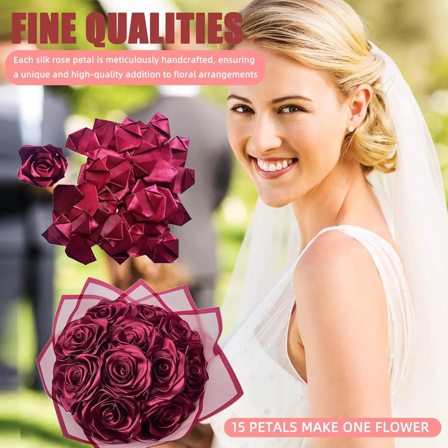 Yannew 300pcs Premade Handcrafted Silk Rose Petals for DIY Eternal Rose Flowers Bouquets with Stem Leaf Birthday Gifts for Women