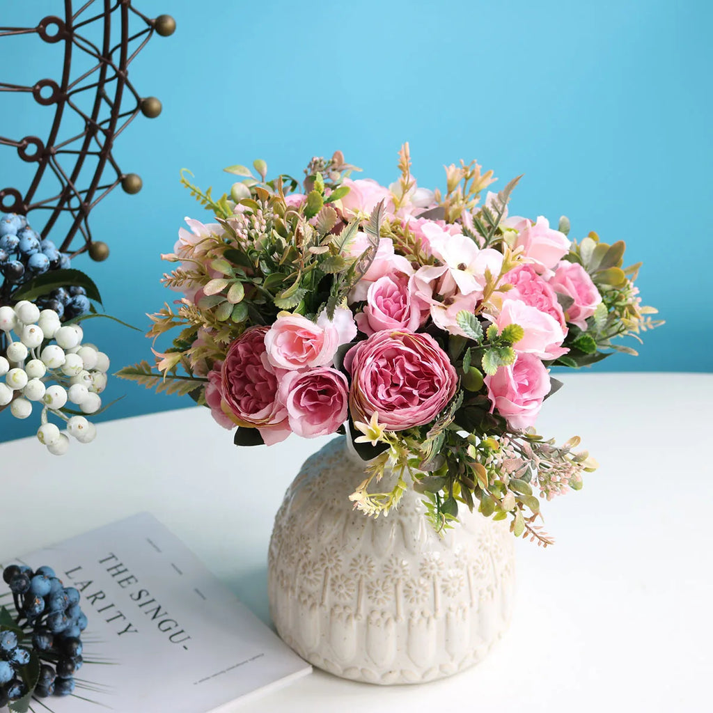 Ramo Retro de Peonía y Rosa de Seda — Decoración Otoño, Hogar y Bodas, 4 Colores