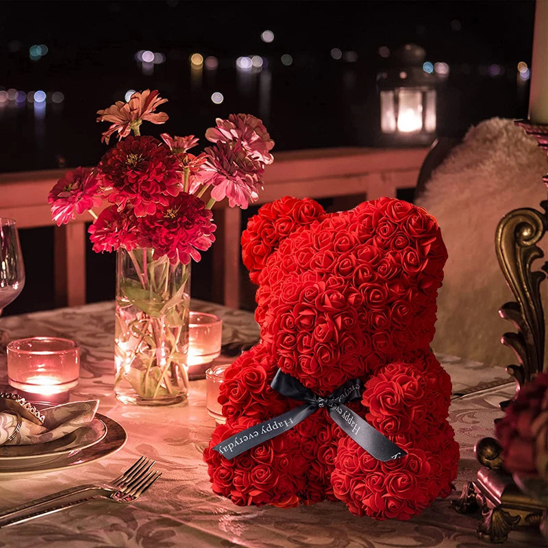 Oso de Rosas con Caja y Luz LED — Regalo Romántico, 7 Colores, San Valentín