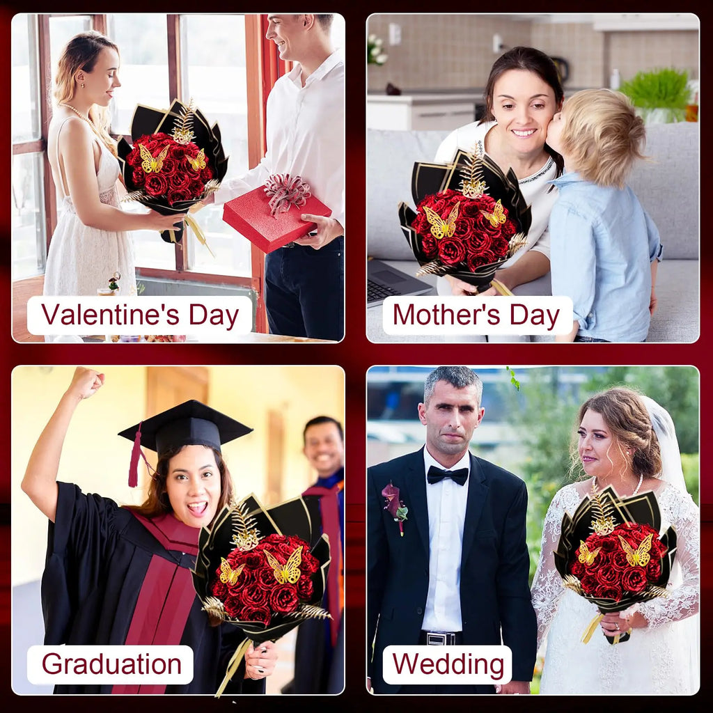 Glitter Artificial Eternal Red Rose Bouquet Forever Roses Flower Bouquet Silk Fake Rose Flower Valentine's Day Birthday Gift