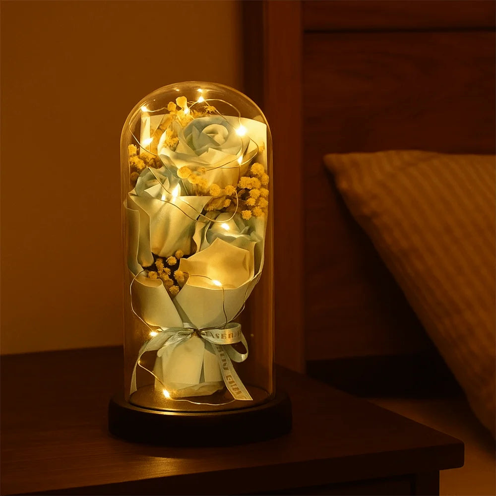 Romantic Eternal Rose Light Luminous Transparent Dome LED Eternal Flower Realistic Decorative Artificial Rose Light
