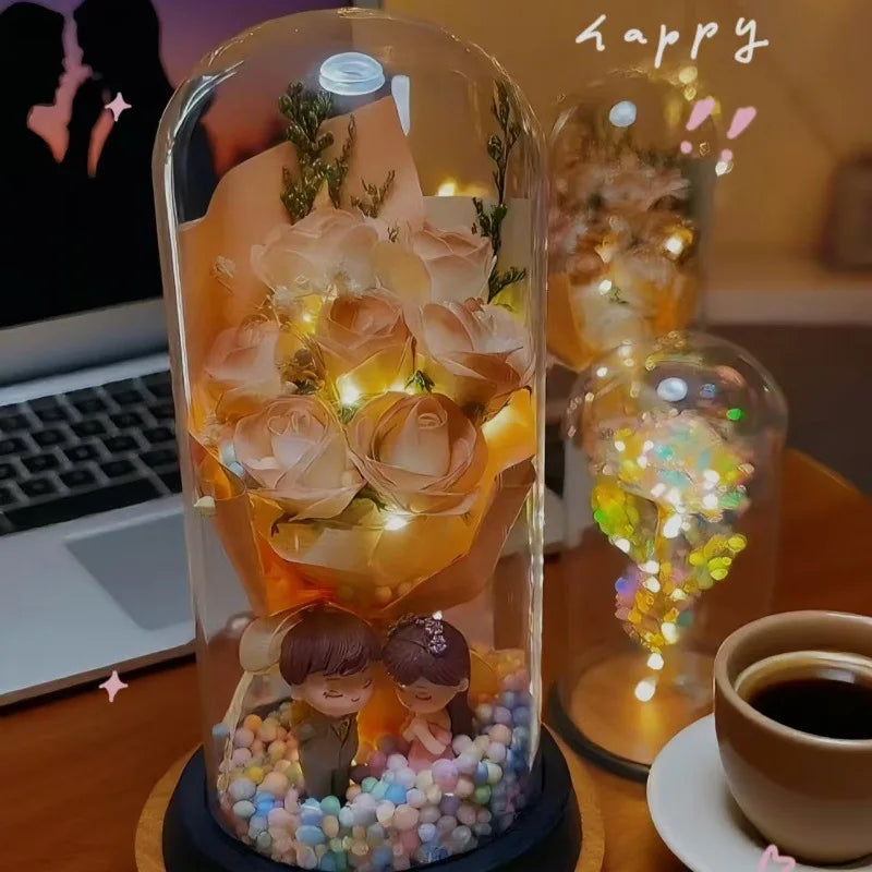 Wedding Birthday Valentine Day Gift Eternal Rose Flower Colorful Luminous Ornament for Women Mom Girlfriend Wife Home Decoration